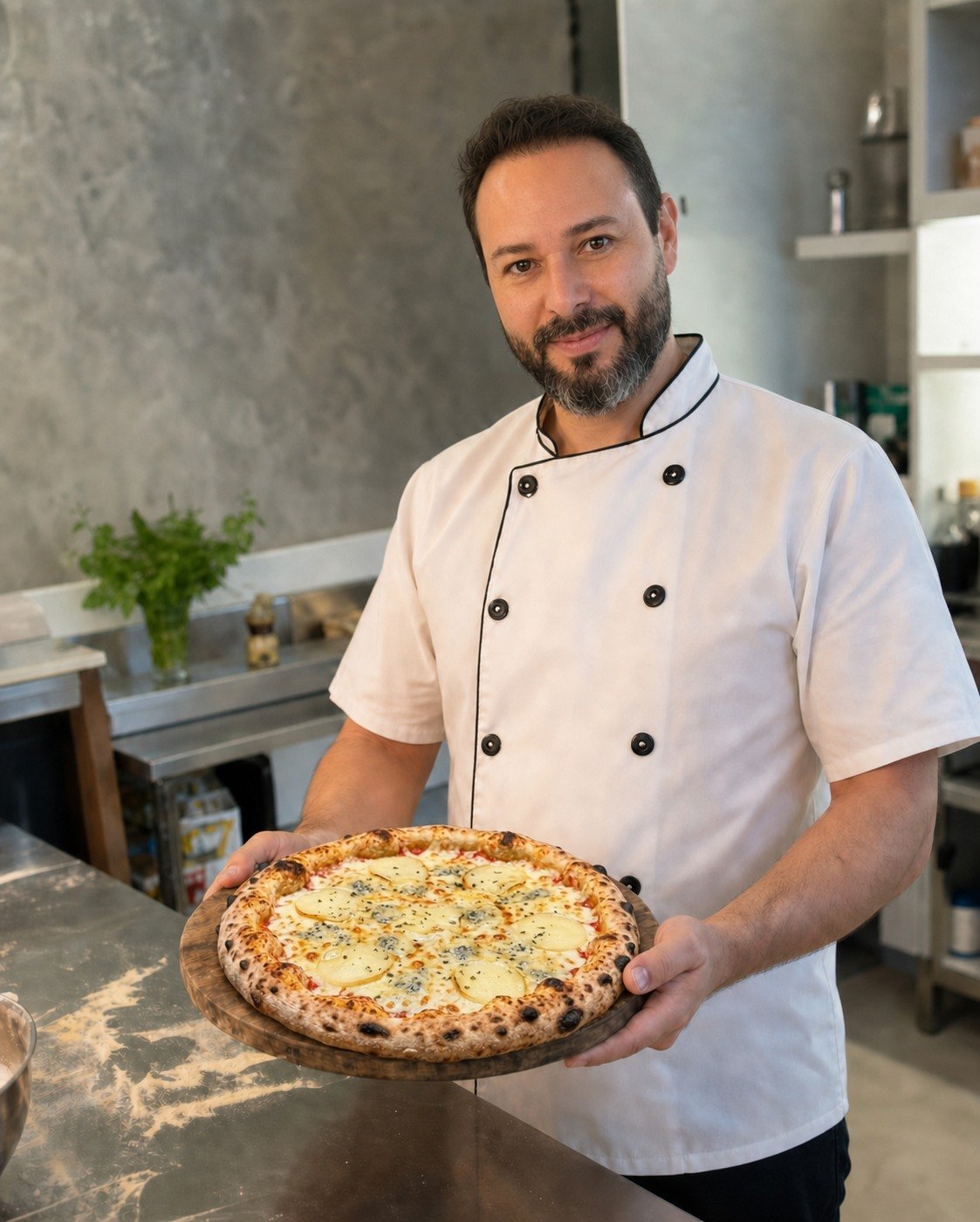 Instrutor da Fornarte com expressão natural apresentando uma pizza quattro formaggi