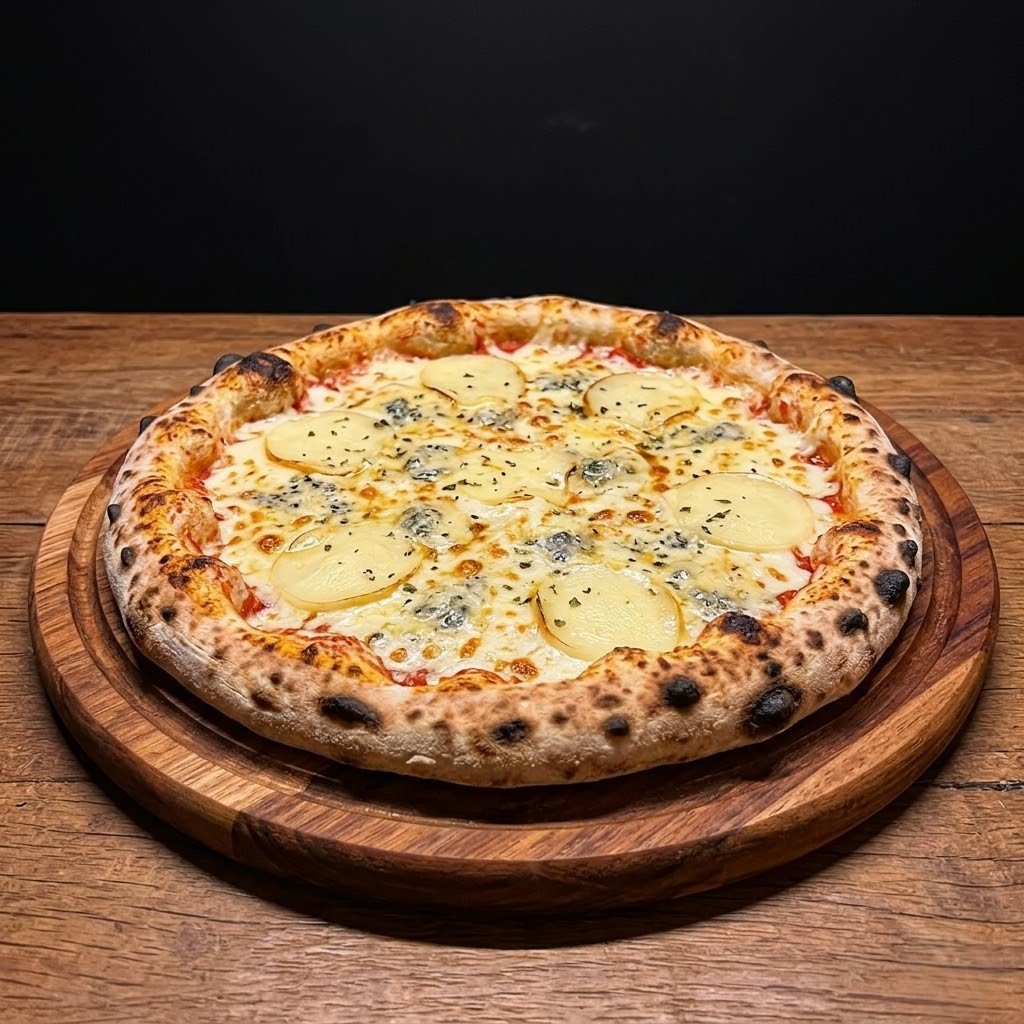Pizza quattro formaggi da Fornarte sobre uma tábua de madeira